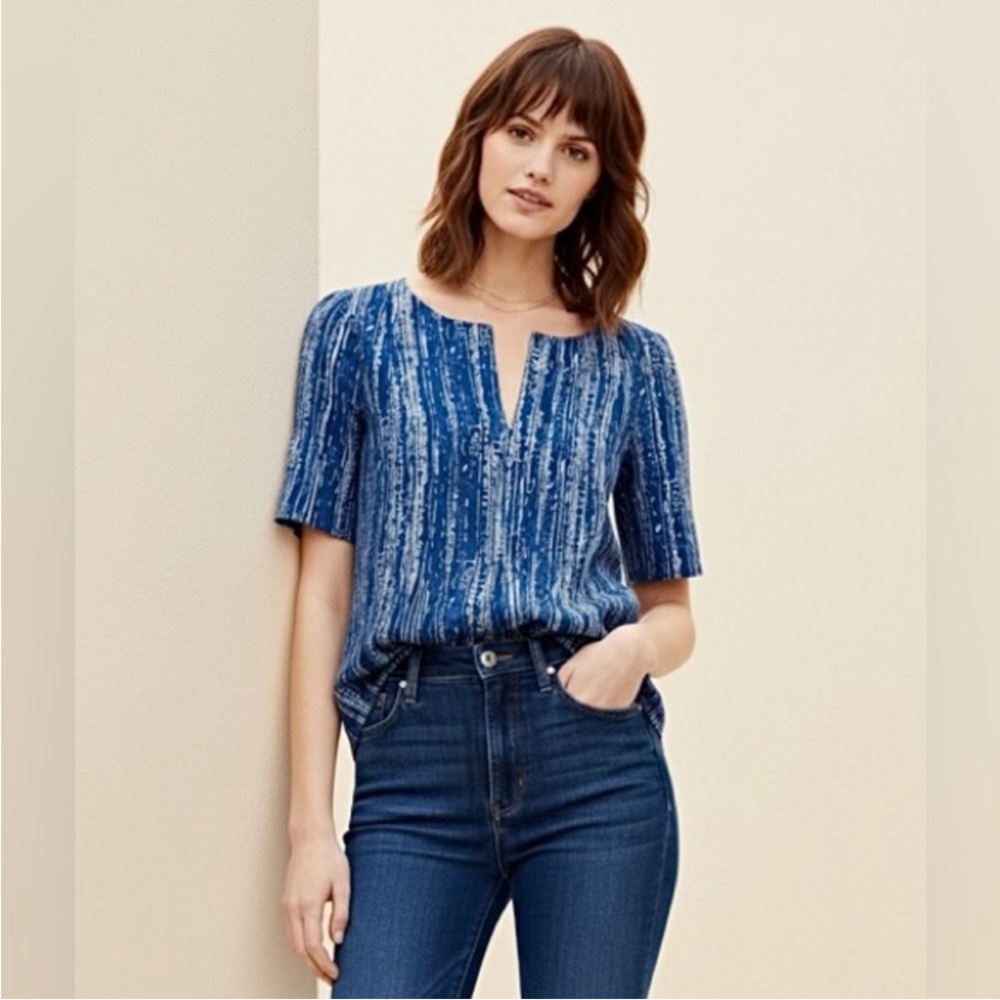 Anthropologie Maeve Orchid Island Top Size 0 Blue Short Sleeve Shirt Boho.